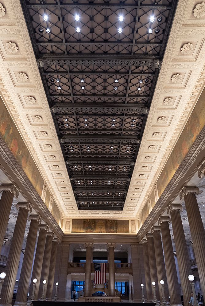 Columns and ceiling of Wintrust Grand Banking Hall on LaSalle Street in Chicagos Loop.